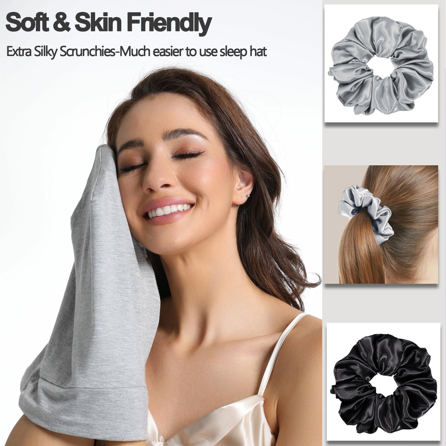 2PCS Satin Bonnet for Sleeping Night Cap, Adjustable Satin Lined Silk Bonnets Sleep Cap for Curly Hair Braids Beanie Black Women