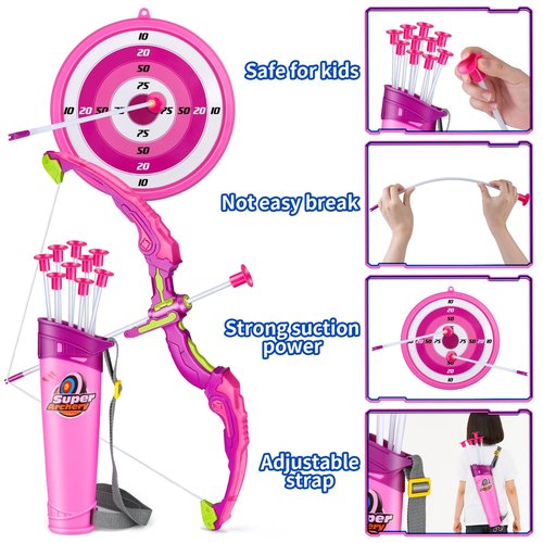 OWNONE 1 Kids Bow and Arrow Set for Girls with 10 Suction Cup Arrows, 2 in 1 Girls Archery Toy Set with LED Light - Birthday Gift Toy for Girls Ages 4 5 6 7 8 9 10+ Years Old
