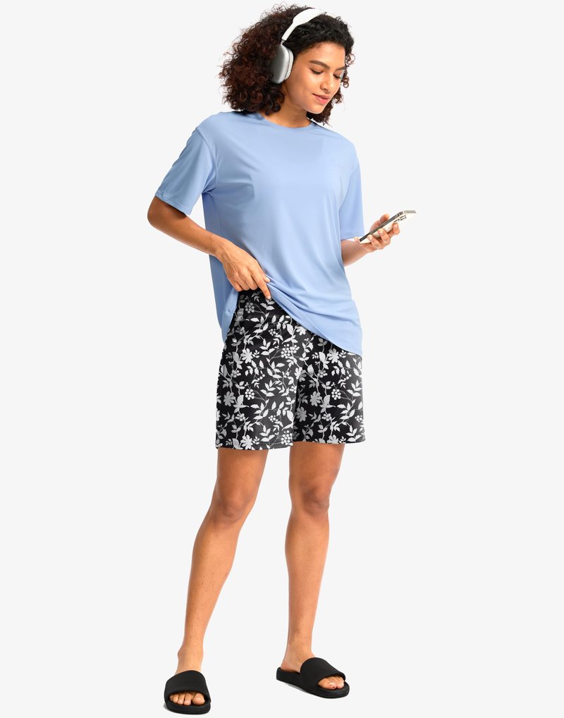 G Gradual Women's Bermuda Long Shorts with Pockets 7" High Waisted Knee Length Shorts for Women Walking Athletic Workout(White Flower-L7,XL)