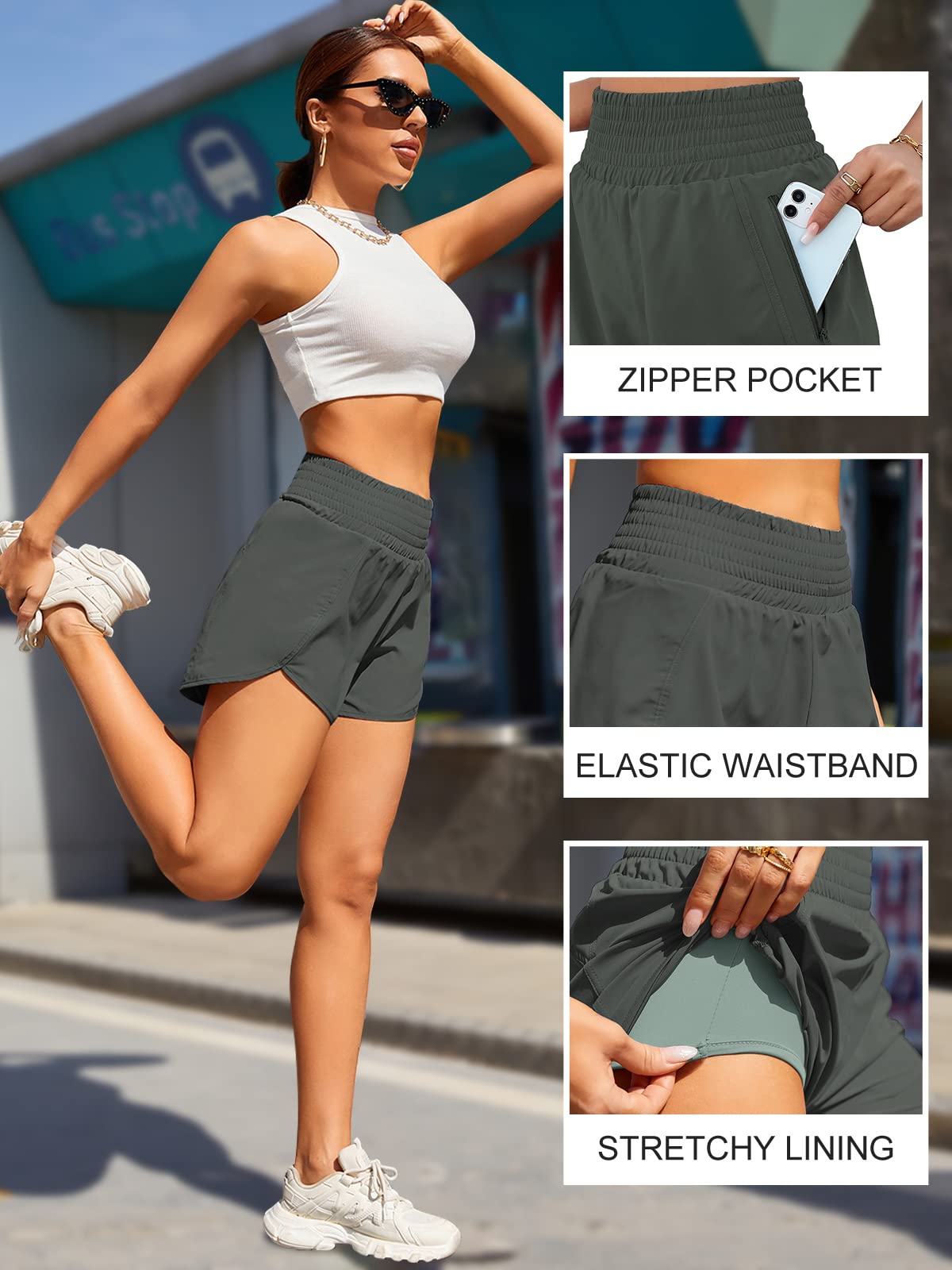 BMJL Women's Athletic Shorts High Waisted Running Short Pocket 2.5" Sporty Shorts Gym Elastic Workout Shorts(L,SummerGreen)