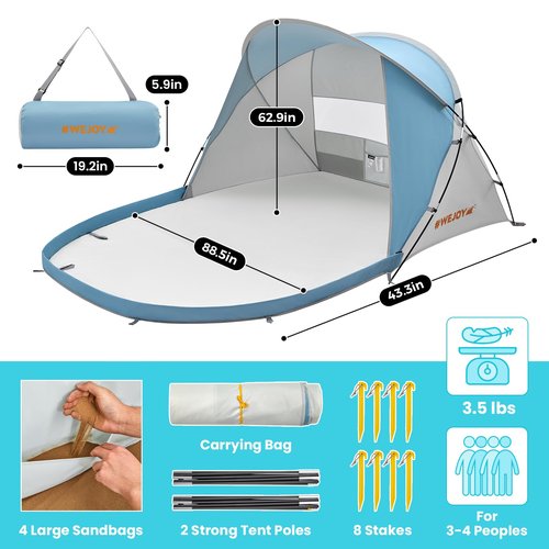 #WEJOY Beach Tent for 3-4 Person Portable Beach Shade Sun Shelter Canopy with UPF 50+ UV Protection Carrying Bag Stakes for Beach Camping Hiking