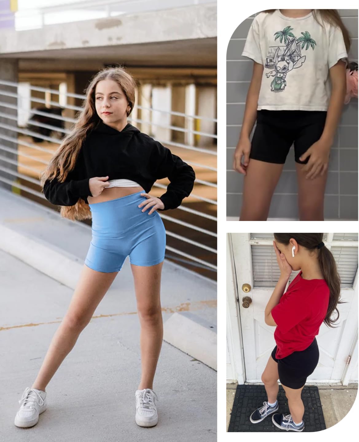 3 Pack Girls 4'' High Waisted Black Biker Shorts, Athletic Running Yoga Shorts for Kids Teen