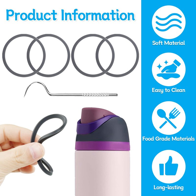 BMSQOFD 4pcs Replacement Seal O Ring Silicone Gasket Compatible with Owala FreeSip 16/24/25/32/40 oz,Water Bottle Lid Insert Piece Rubber Seal Parts for Owala Kids 12 15oz Tumbler Accessories(Grey)