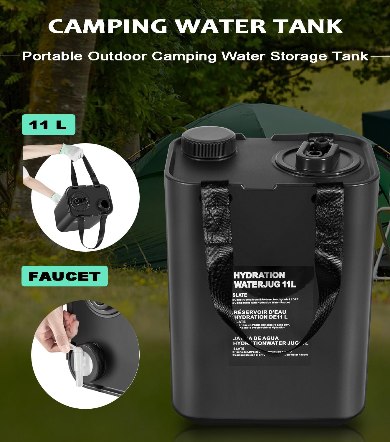 11L Portable Outdoor Camping Water Storage Tank with Faucet BPA Free, Food Grade Hydration Water Storage Container Hydration Water Jug 11L for Camping, Outdoor Hiking, Picnic BBQ