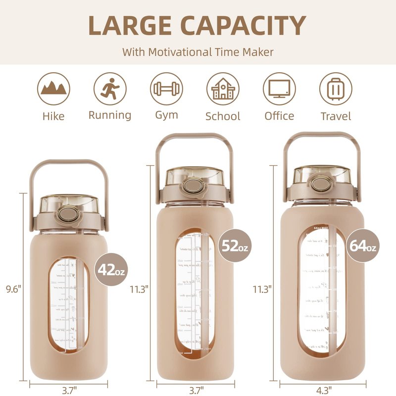 64 oz Glass Water Bottle with 2-in-1 Straw Lid Large Half Gallon Water Bottle with Time Marker & Removable Silicone Sleeve,Wide Mouth BPA-Free Borosilicate Bottle for Gym, Workout & Daily Use