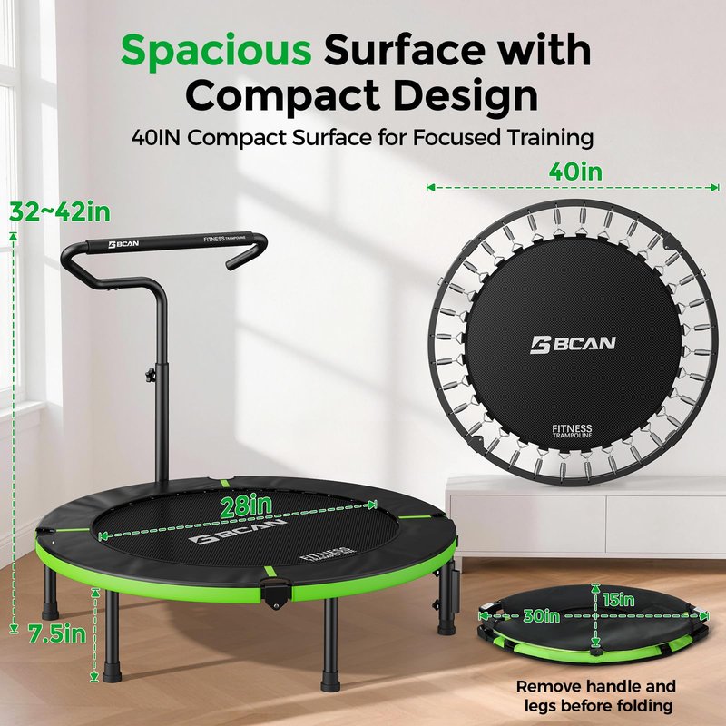 BCAN 40"/38" Foldable Mini Trampoline, Rebounder Trampoline for Adults, U/T Adjustable Foam Handle, Exercise Rebounder for Adults Indoor/Garden Workout, Max Load 330lbs/440lbs-40IN-T-Handle-Green