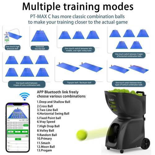 PUSUN PT-MAX C-【Smart Tennis Ball Machine】 145+ Ball Capacity | 5-7 Hours Battery Life | Speed 20-140km/h | 28 Landing Points | 26 Fixed Modes | APP Control | Ideal for Individual Training (Black)