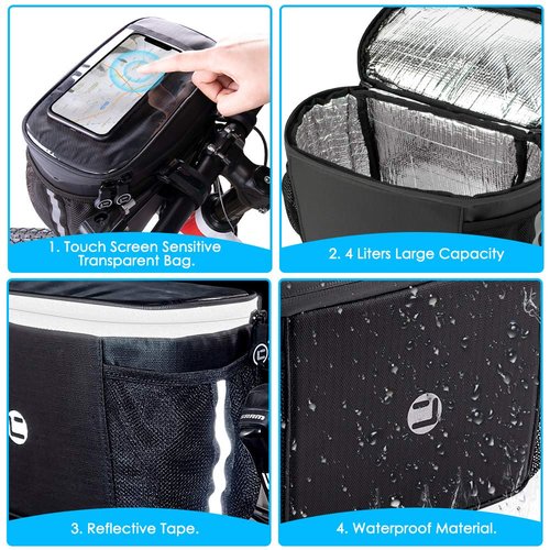 WOTOW Bike Handlebar Insulated Bag, Bike Front Phone Bag Cooler Storage Pouch With TPU Touch Screen Insulation Bicycle Frame Bag Strap On Cycling Accessories for Outdoor Hiking Travel Assistants