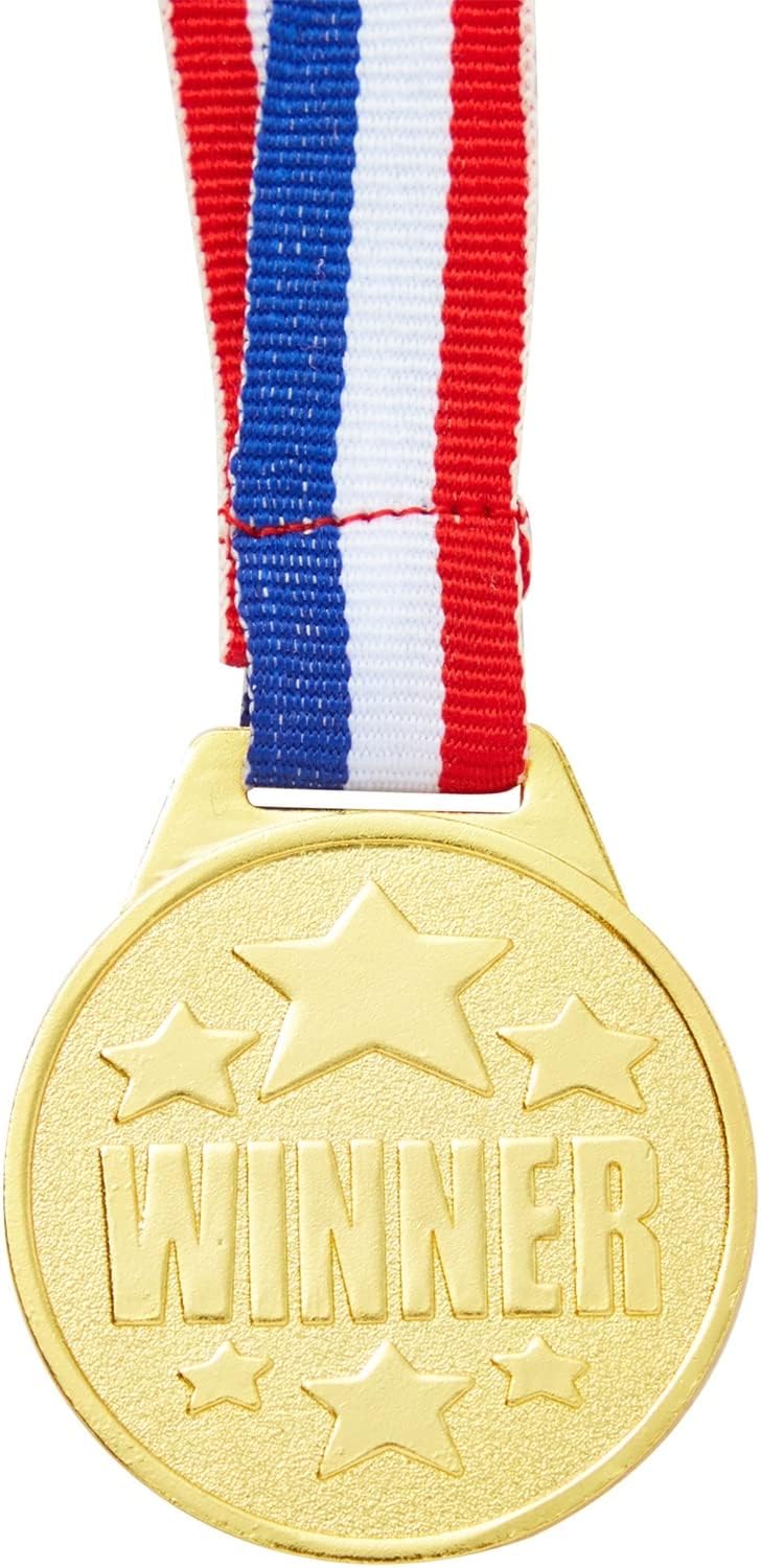 Juvale Gold Medals for Awards - 1.5 in Metal Winner Medals with 15.3 in Red, White & Blue Ribbon - Bulk 24 Pack for Kids & Adults Sports, Academic & Tournament Participation