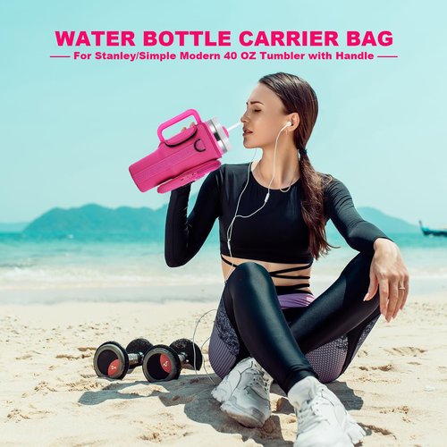 BULKITEM Water Bottle Carrier Bag with Phone Pocket for Pink Stanley 40 oz Tumbler with Handle, Hot Pink Insulated Neoprene Cup Holder Pouch Strap for Valentines Stanley Cup Accessories