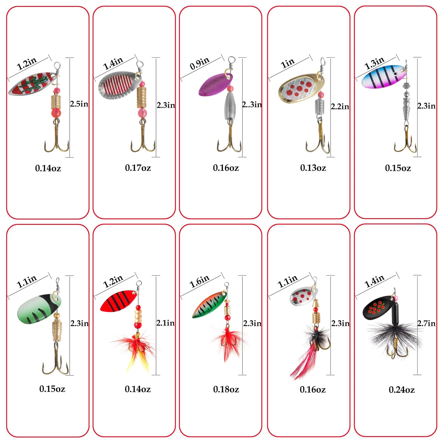10PCS Rooster Tail Fishing Lures with Tackle Box, Spinner Bait with Flash Copper Body & Spoon, Freshwater and Saltwater Bait for Bass Crappie Walleye Trout, Swimming or Jigging
