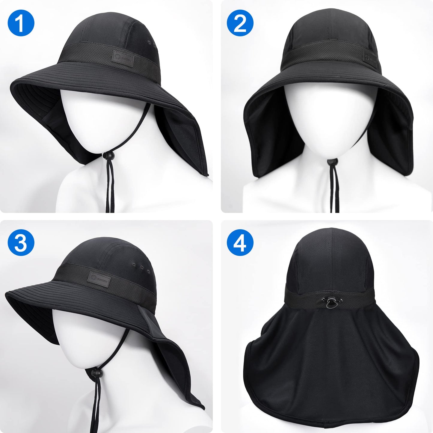 Sukeen Cooling Sun Hat for Men Women UPF50+ Wide Brim Fishing Hat with Neck Flap Adjustable Foldable Bucket Hat for Hiking Black