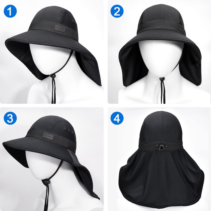 Sukeen Cooling Sun Hat for Men Women UPF50+ Wide Brim Fishing Hat with Neck Flap Adjustable Foldable Bucket Hat for Hiking Black
