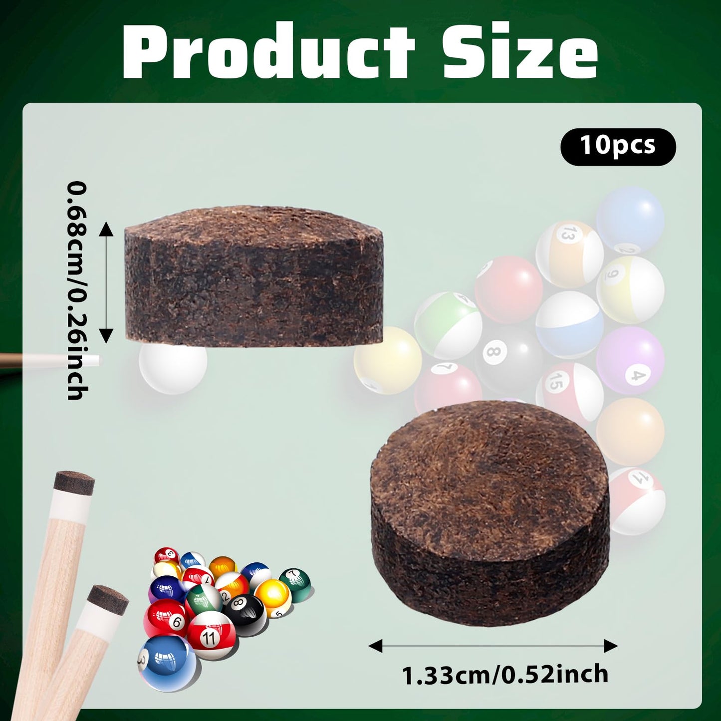10 Pcs Billiard Pool Cue Tips, Pool Stick Replacement Tips Billiard Cue Tip Head and Leather Snooker Stick, Brown