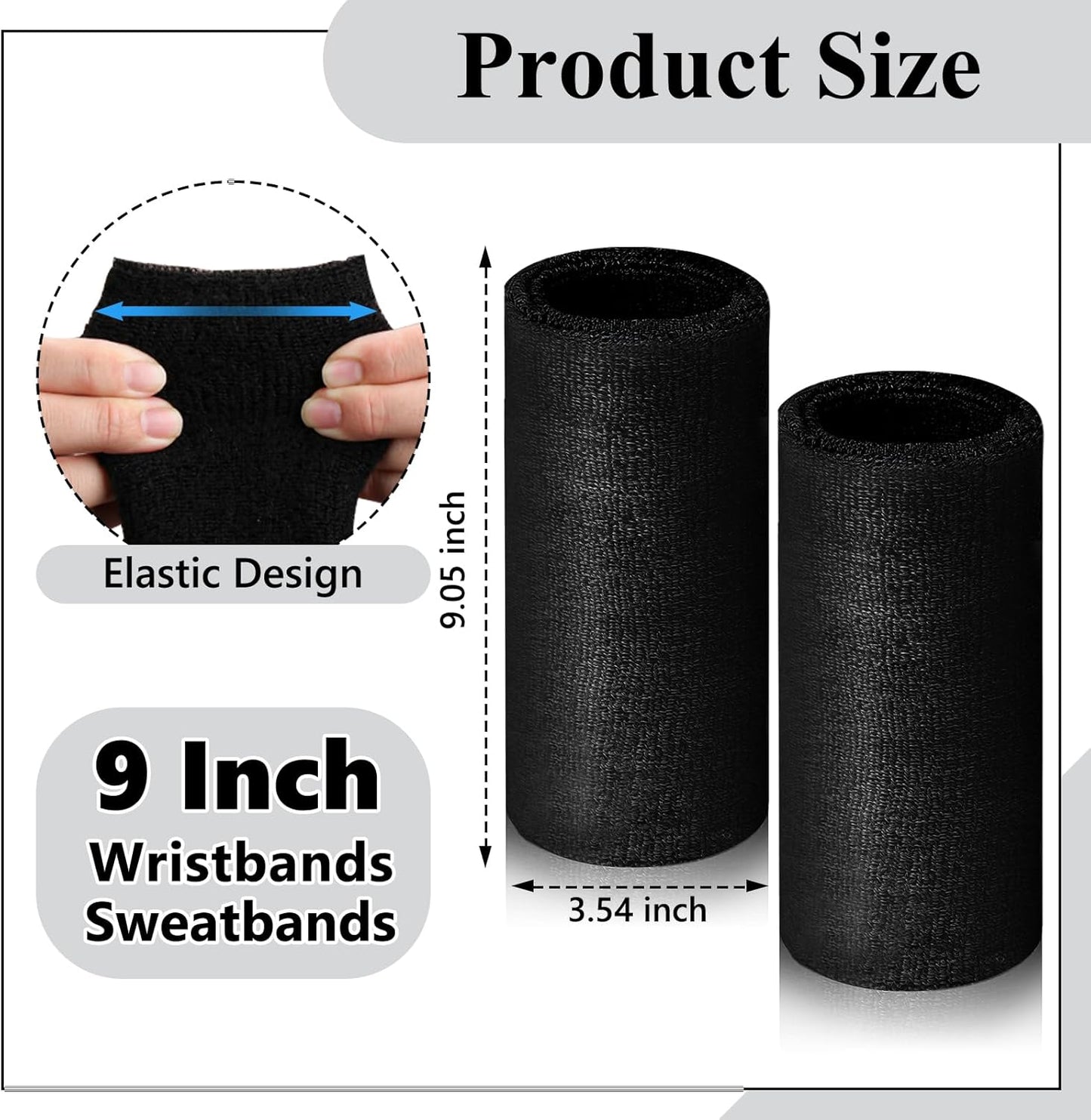 2 Pcs 9 Inch Long Wristbands Sweatbands Black Large Sweat Bands Wristbands Wrist Sweatbands Bulk Arm Sweat Bands for Men Women Weight Loss Football Workout