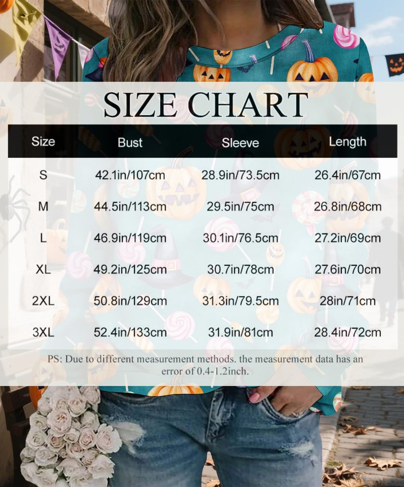 LOAIHA Womens Halloween Sweatshirt Pumpkin Ghost Pattern Long Sleeve Crew Neck Pullover Cotton Blend Casual Holiday Top