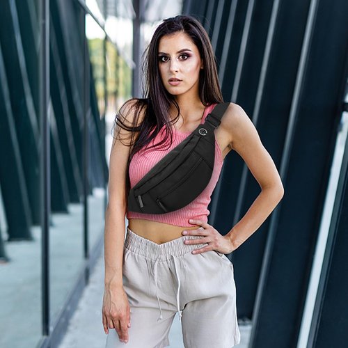 Large Waist Bag With 4-Zipper Pockets-Fanny Pack For Women And Man-Crossbody Belt Bag With Adjustable Strap For Travel Running Hiking Walking Workout Black