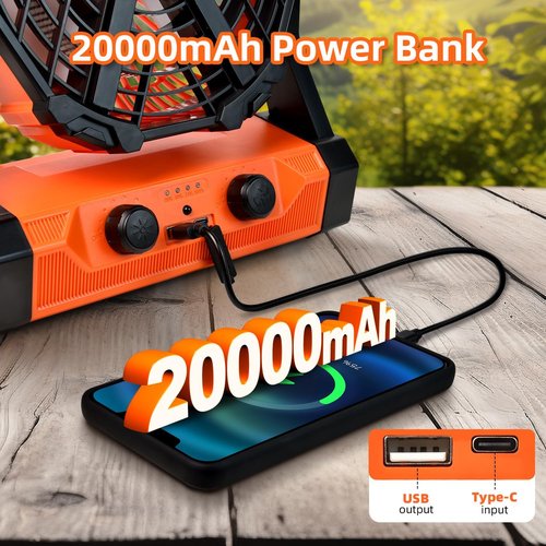 yesiwtc Camping Fan Ventilador Recargable 20000mAh Battery Operated With LED Lantern/Hook/Remote Auto Oscillating 60 Hrs Work Cordless Tent Fan for Emergency, Camping, Outdoor