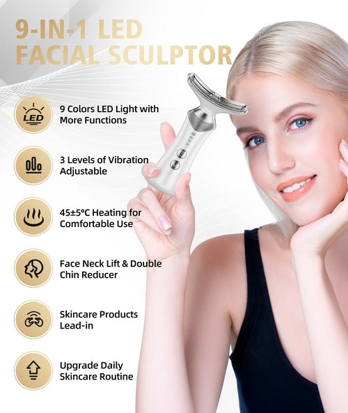 Dopsikn 9-in-1 Red-Light-Therapy-for-Face-and-Neck, Portable Facial Massager Tool with Adjustable Vibration & Thermals for Wrinkles, Double Chin, White