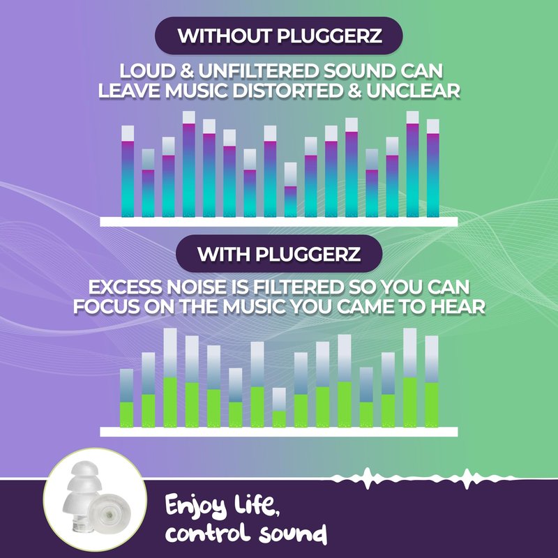 Pluggerz Enjoy Music Earplugs, Transparent, Skin-Friendly Material, Reusable Ear Plugs with Filter, 24-29 dB Noise Reduction Rating, Universal-Fit Hearing Protection for Concerts or Festivals, 1 Pair