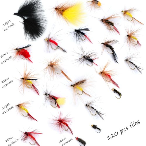 EXAURAFFLIS Fly Fishing Flies Assortment with Waterproof Fly Box 120pcs Dry Wet Nymph Streamer Flies, Lures for Trout Bass Panfish Salmon Fishing