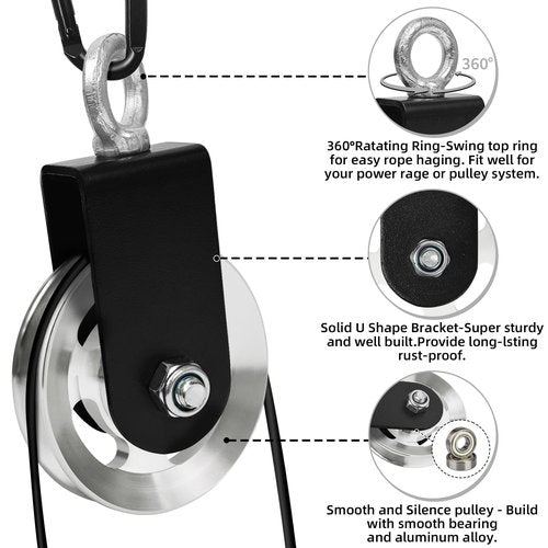 LFJ Aluminum Alloy Cable Pulley with Swing Strap Carabiner, 90mm Pulley Wheel for LAT System DIY Pull Down Attachment,Ladder Lift,Home Gym Equipment (Aluminum Alloy, Silver)