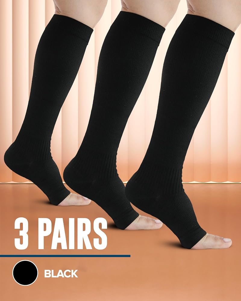 Copper-Toe Open Toe Compression Socks for Men & Women 20-30 mmHg - 3 Pairs Black (Variation: Large)