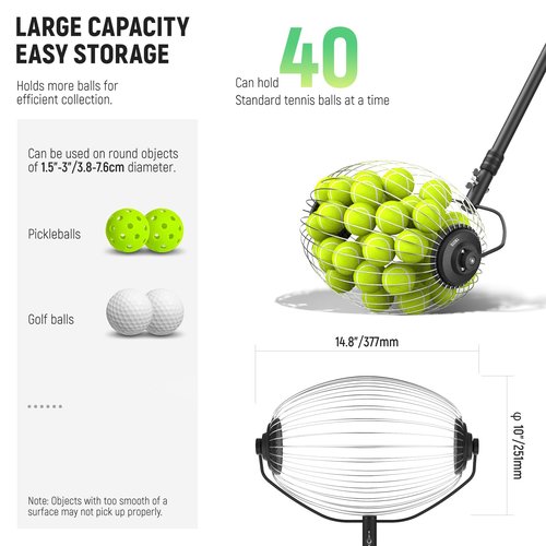 NEEWER Tennis Ball Pickleball Collector Roller, No Bending Over Quick Rolling Picker for 1.5"-3" Balls, 30-58"/77-148cm Telescopic Golf Ball Retriever for Up to 40 Tennis Balls, TB01S