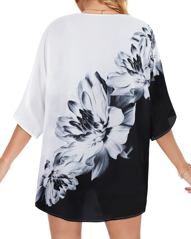 Women's Floral Kimono Print Puff Sleeve Loose Cardigan Cover Up Casual Blouse Summer Tops (Black White Floral, L)