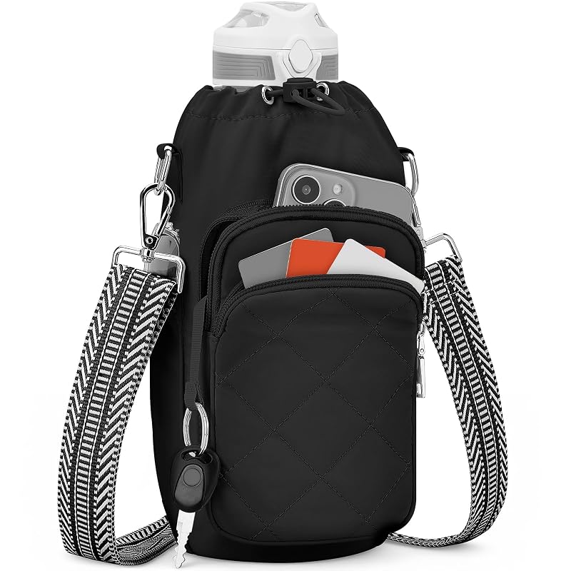 Black Insulated Water Bottle Bag Crossbody with Phone & RFID Pockets