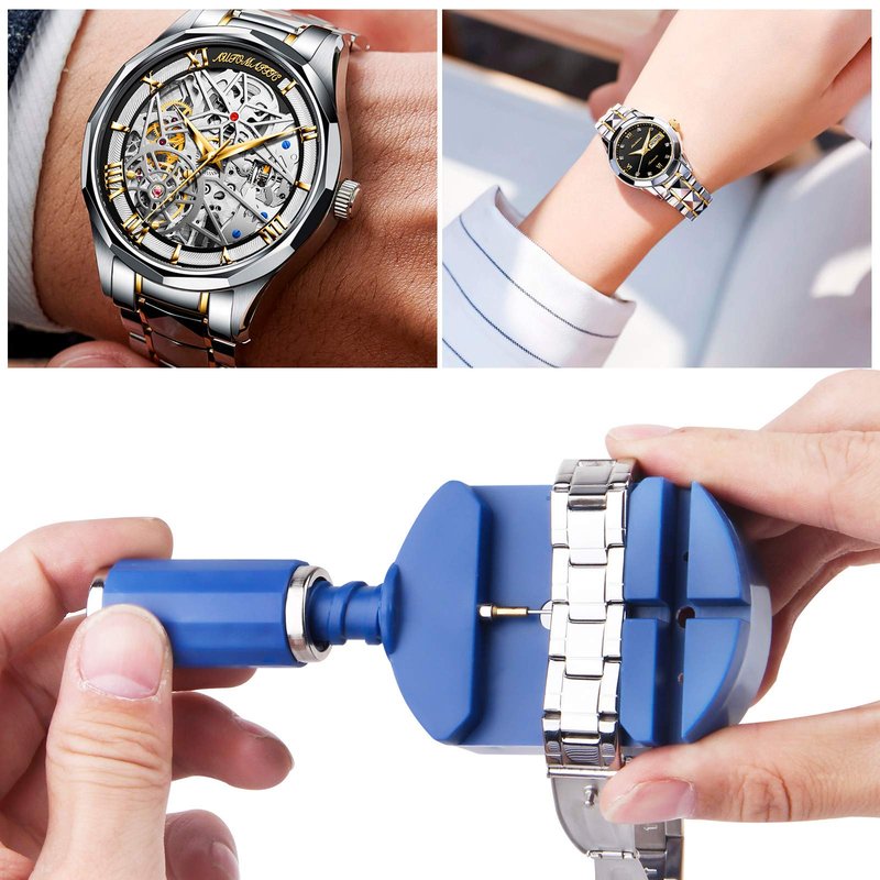 lenpestia Watch Band Link Removal Tool Kit with 12pcs Replacement Pins and 3pcs Pin Punches 1pcs Head Hammer for Watch Bracelet Strap Adjustment and Watch Repair