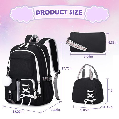 ACESAK Backpacks for Girls, Girls Backpack with Lunch Box and Pencil Case for Teen Kids Elementary Middle High School College Student, Children School Backpack Bookbag with USB Charging Port (Black)