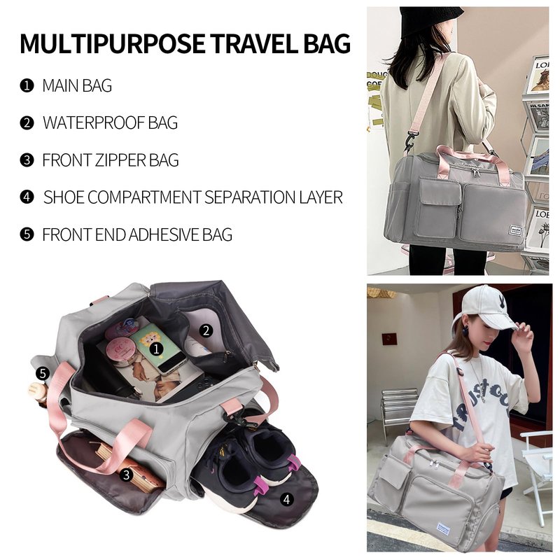 Travel Duffel Tote Bag with Dry Wet Separation Pocket, Weekender Bag for Women and Men,Waterproof Bag with Shoe Compartment Lightweight and Easy Carry on Grey