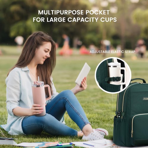LOVEVOOK Laptop Backpack for Women with Pouch Pocket for Large Capacity Cup,15.6 Inch Laptop Computer Bag Travel Backpack Purse,Waterproof Work Business Backpack College Teacher Bags,Dark Green