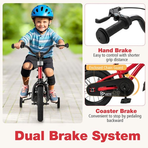 BABY JOY Kids Bike, 12 14 16 18 Inches Sporty Bicycle with Training Wheels, Adjustable Seat, Handbrake & Coaster Brake, Reflectors, Girls Boys Bike for 3-8 Years Old Children (12", Red)