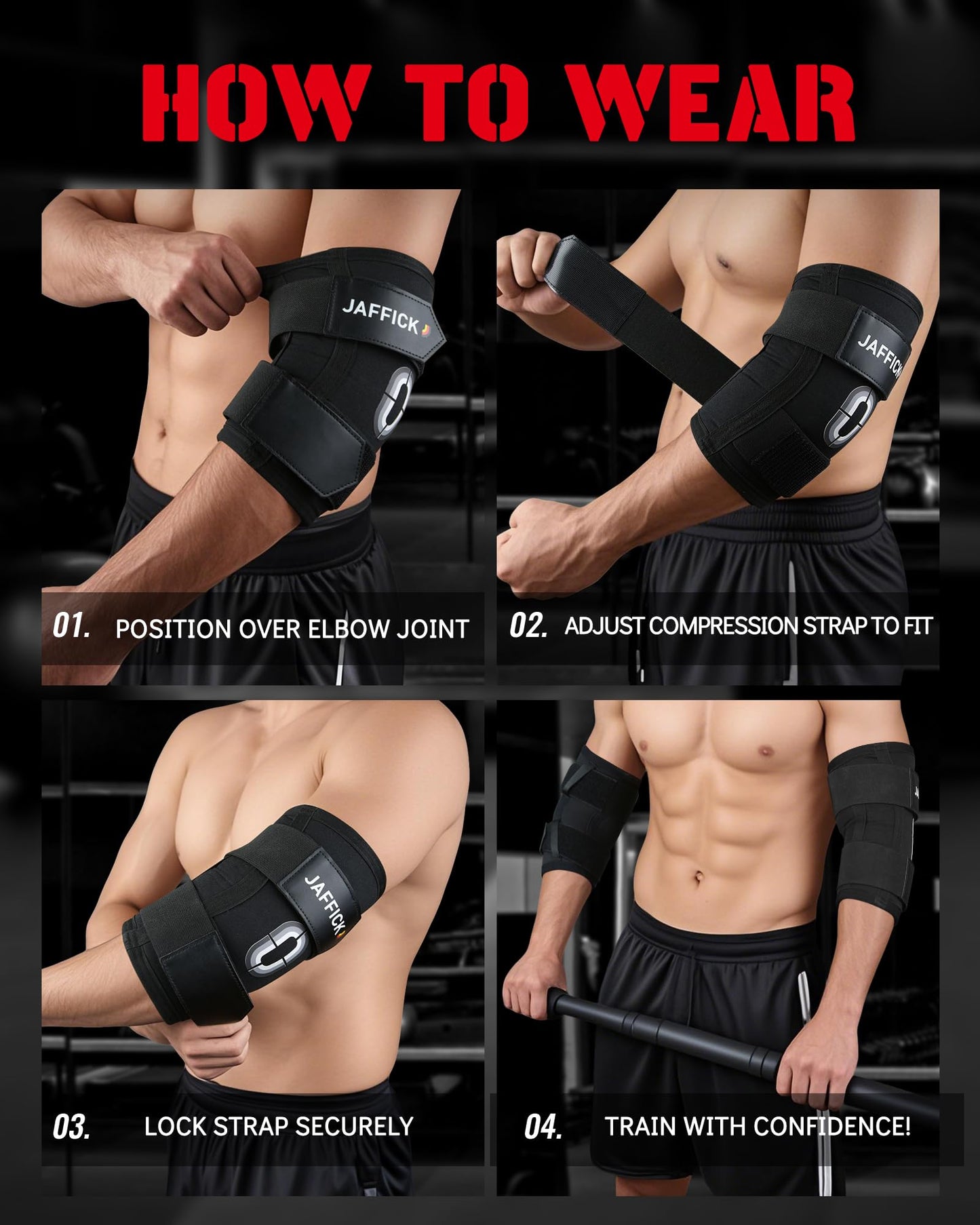 Jaffick Weightlifting Elbow Brace(1 Pair) - Elbow Sleeve with Dual Adjustable Compression Straps for Bench Press, Powerlifting, Pressing, Men & Women (Black, L)