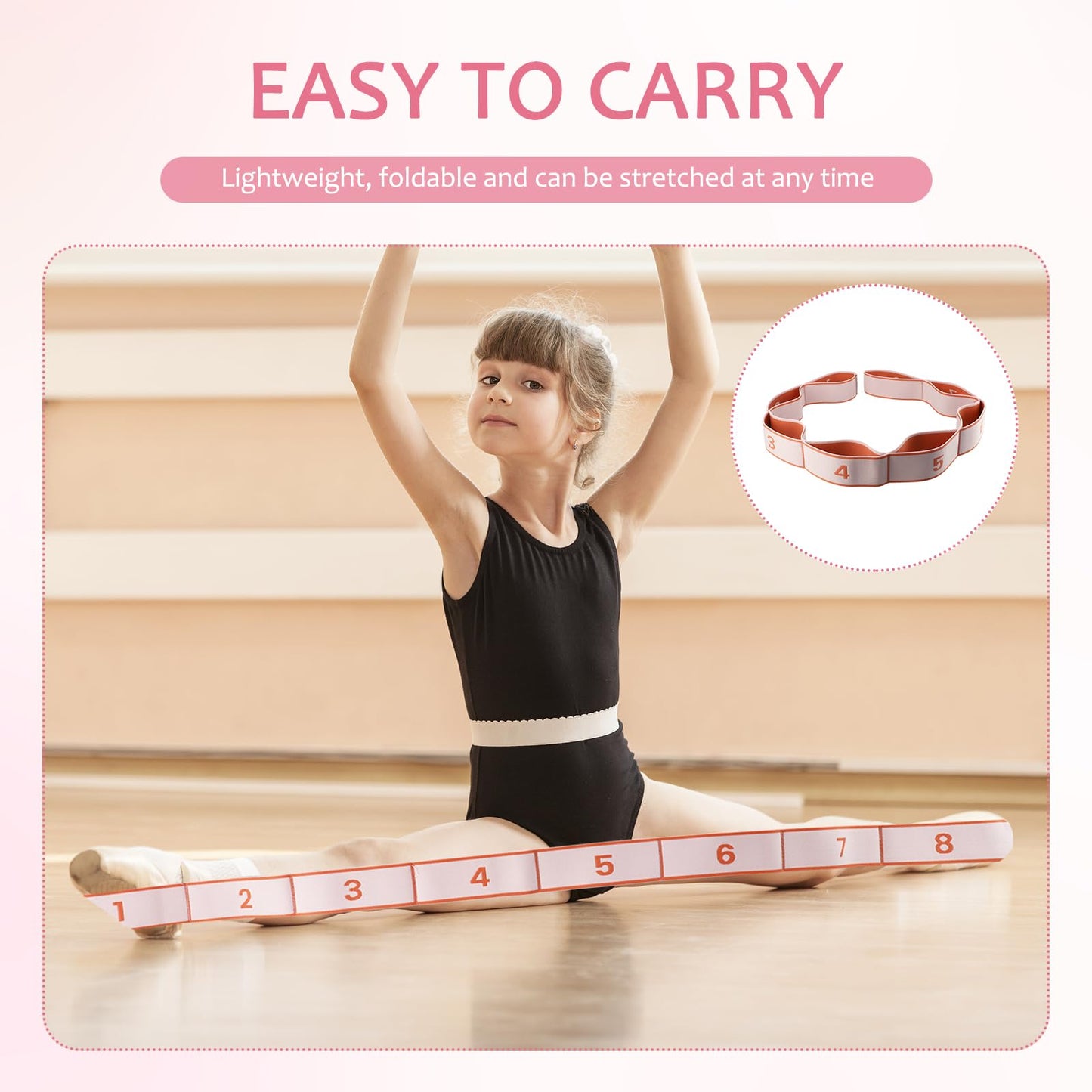 2 Pcs Stretch Bands for Flexibility, Resistance Kids Ballet Dance Exercise Band Stuff Adjustable Stretching Yoga Straps with 8 Loops for Children's Pilates Latin Yoga Equipment (Light Pink)