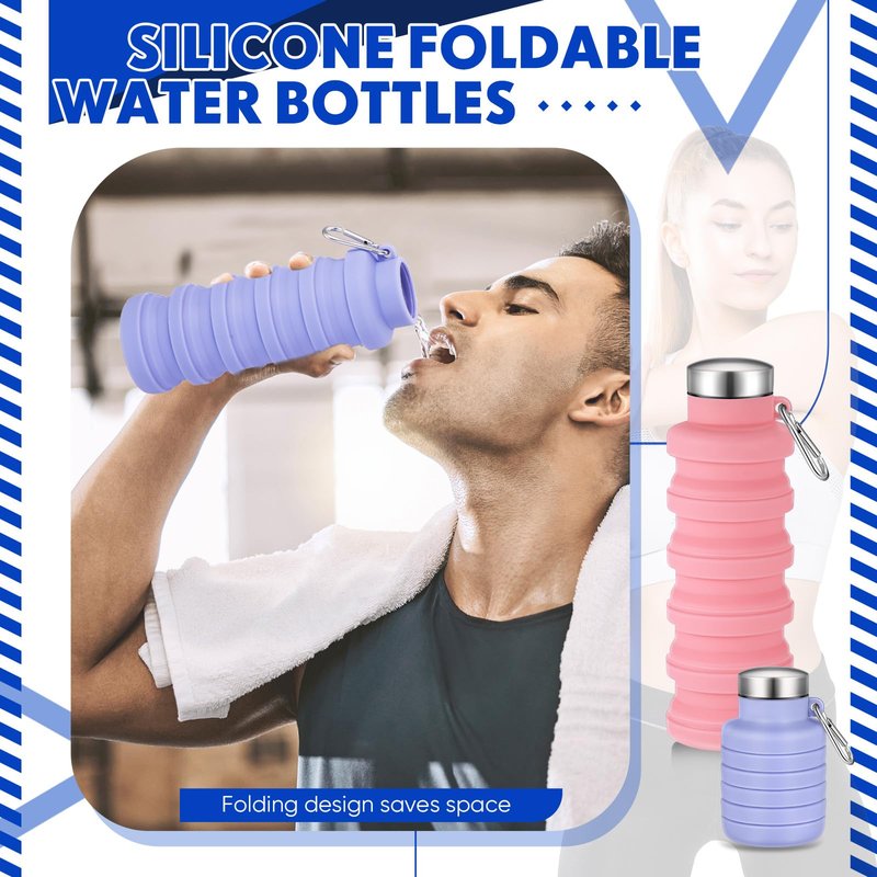 Baderke 2 Pcs Collapsible Water Bottles 17oz Silicone Travel Foldable Portable Water Bottle with Buckle Silicone Lightweight Reusable Leakproof for Camping Hiking Cycling Sport(Purple, Pink)
