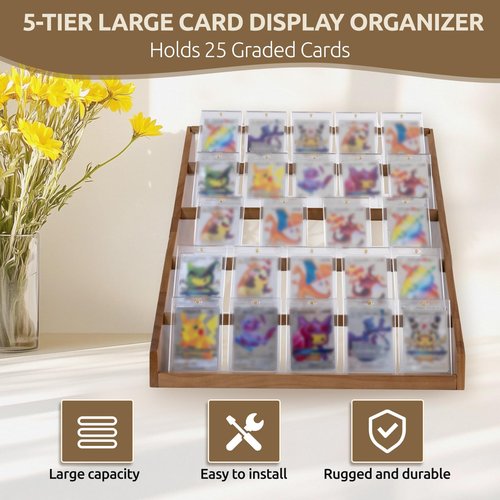 5-Tier Trading Card Display Stand – Wooden Baseball Sports Graded Card Display Stand, Tabletop Display Holder for 25 Trading Cards, Card Stand for Sports Cards, Graded Cards, Trading Cards(Brown)