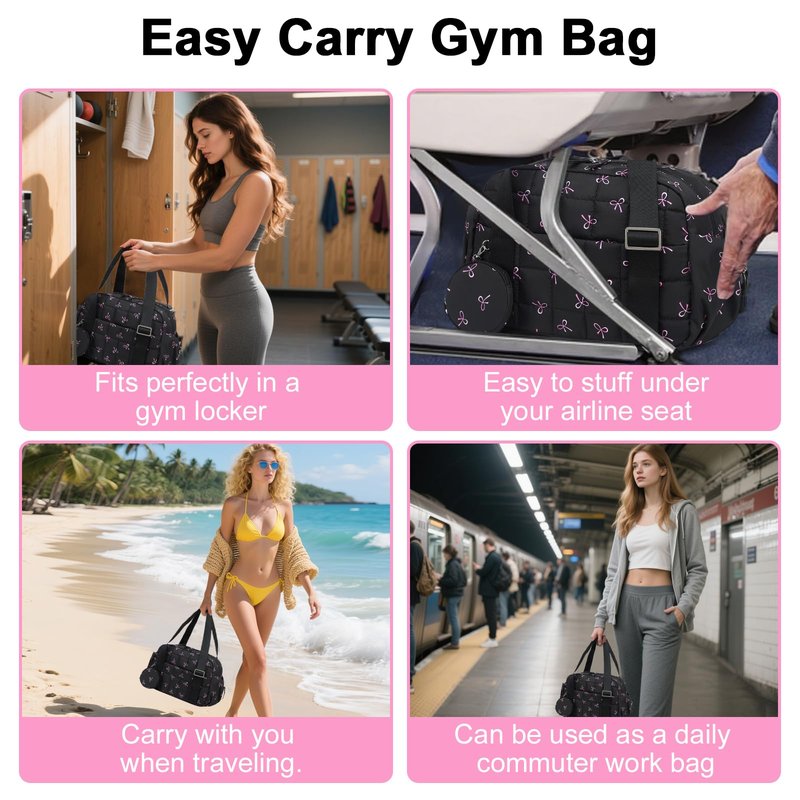 CAMTOP Mini Gym Bag for Women, Small Gym Tote Bag Puffy Quilted Sports Duffel Bag with Wet Compartment and Coin Purse Duffel Bags Dance Yoga Workout Bag for Gifts (Black Pink Bow, Mini-12.6")