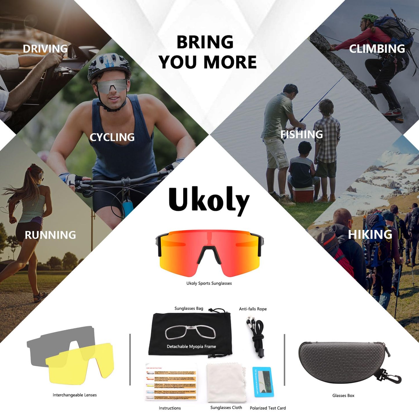Ukoly Cycling Sunglasses for Men & Women - 3 Interchangeable Lenses, Polarized Sports Sunglasses