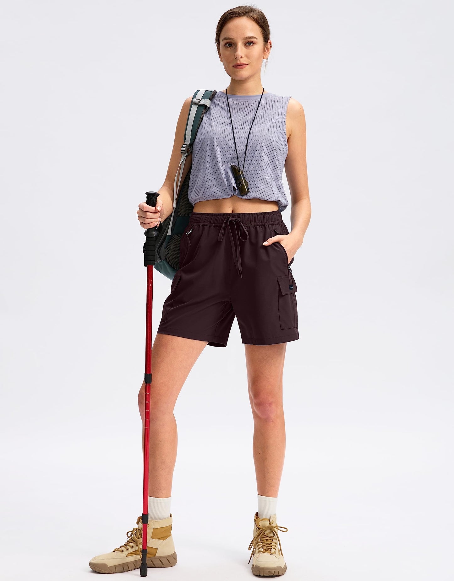 SANTINY Women's 5''/ 7''/9'' Hiking Cargo Shorts Quick Dry Lightweight Summer Shorts for Women Athletic Golf Zipper Pockets(Wine_XXL)