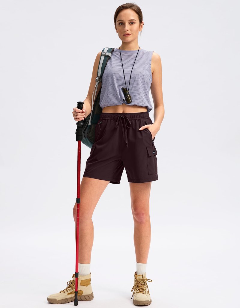 SANTINY Women's 5''/ 7''/9'' Hiking Cargo Shorts Quick Dry Lightweight Summer Shorts for Women Athletic Golf Zipper Pockets(Wine_XXL)