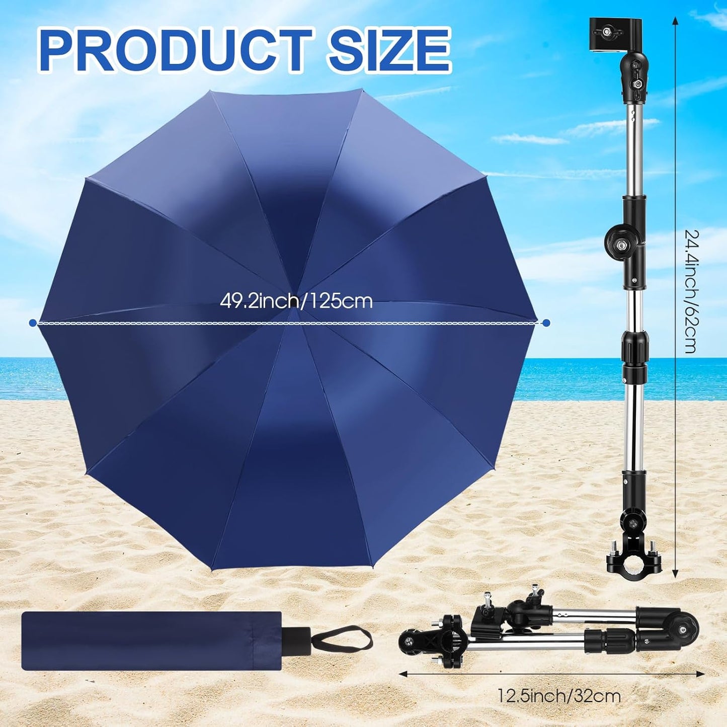 2 Pcs Beach Chair Umbrella with Clamp 49.2" 360° Adjustable Golf Umbrella with Clip and Retractable Stand Sun Shade for Camping Outdoor Travel Patio Wheelchair Golf Cart Stroller
