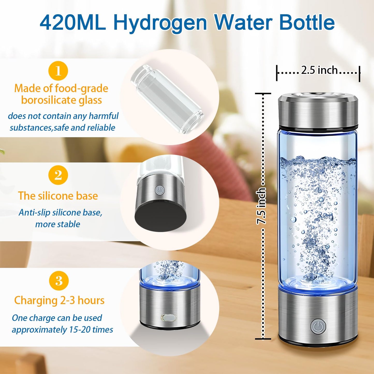 Hydrogen Water Bottle Generator, Portable Hydrogen Water Ionizer Machine Rechargeable Hydrogen Rich Water Glass Bottle for Travel 420ml Gift for Women Gifts for Men Gifts for Firend Birthday Gifts