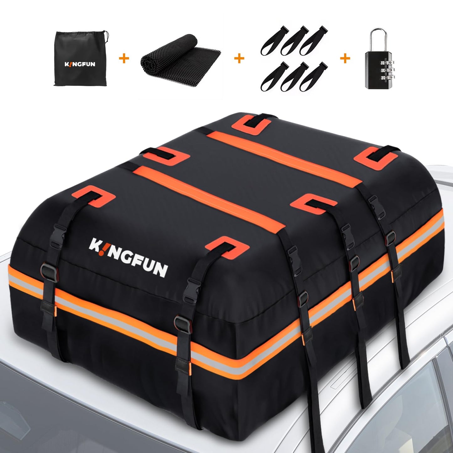 Kingfun Car Rooftop Cargo Carrier – Waterproof 15 Cubic Feet Car Roof Bag Fit All Vehicles with/Without Roof Racks, Includes Anti-Slip Mat, 8 Reinforced Straps & 6 Door Hooks, Luggage Locks