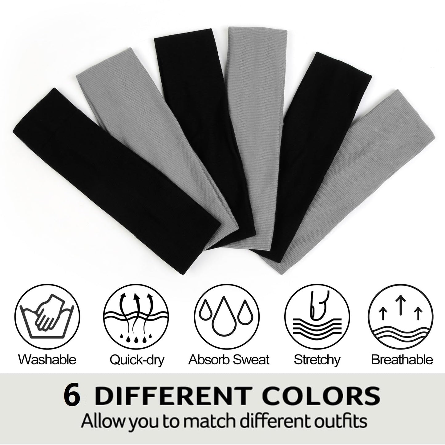 Headbands for Women Non Slip - Fashion Yoga Sports Hair Bands for Women's Hair, Soft Elastic Cotton Cloth Sweat Headbands for Women for Workout Running Daily Black Gray 6PCS