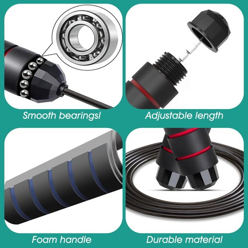Adjustable Jump Rope, Black and Red Steel Wire Speed Rope with PVC Coating, Tangle-Free, Smooth Bearings Jump Rope for Cardio, Fitness, Home Workouts