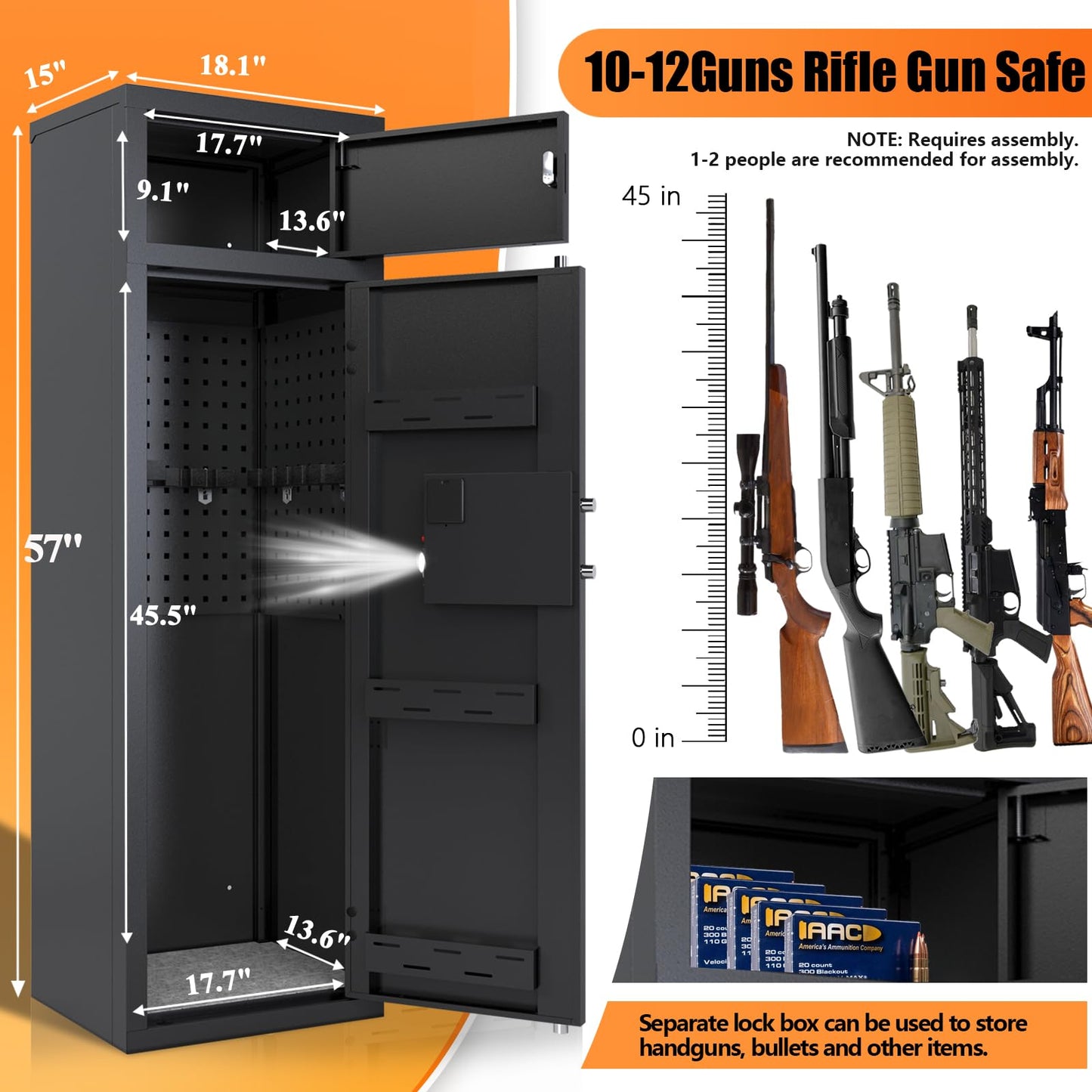 KAER 12-14 Gun Safe Gun Safes for Rifles and Pistols Electronic Gun Cabinet Large Rifle Safes for Home Gun Safe Clearance with Removable Shelf and Separate Lockbox