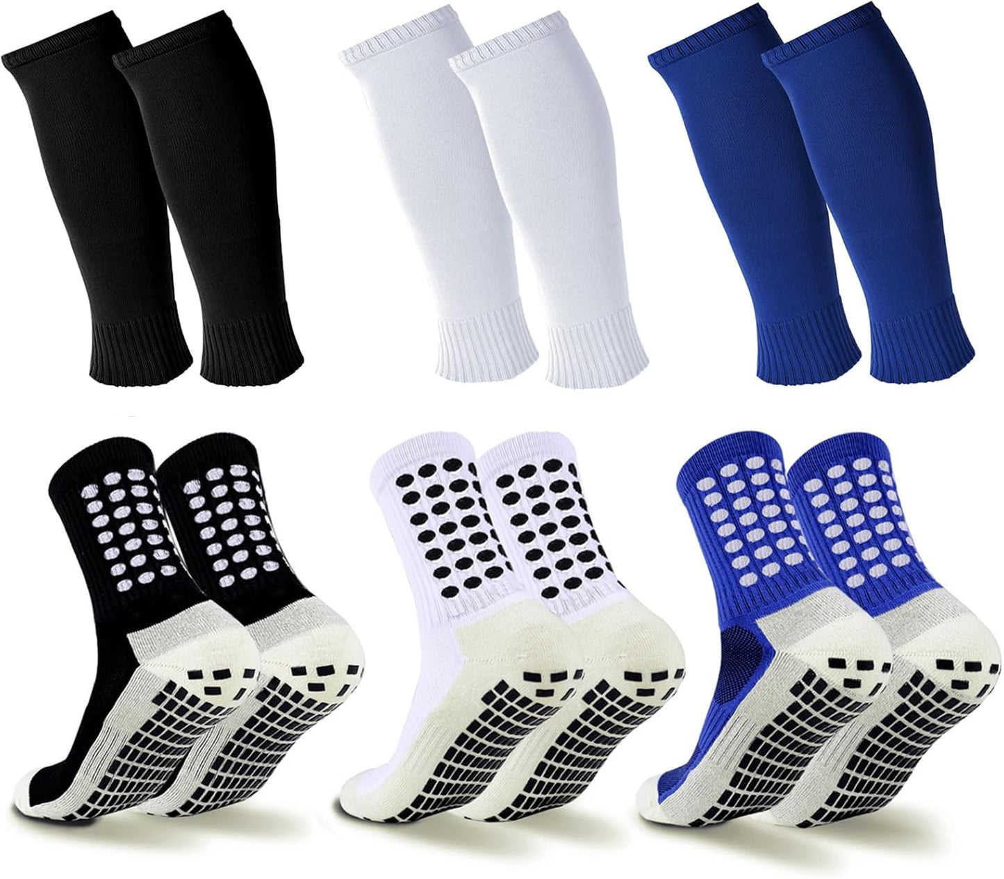 3 Set Kids Grip Soccer Socks and Shin Guard Sleeves Football Basketball Training for Age 7-14 Boys Girls